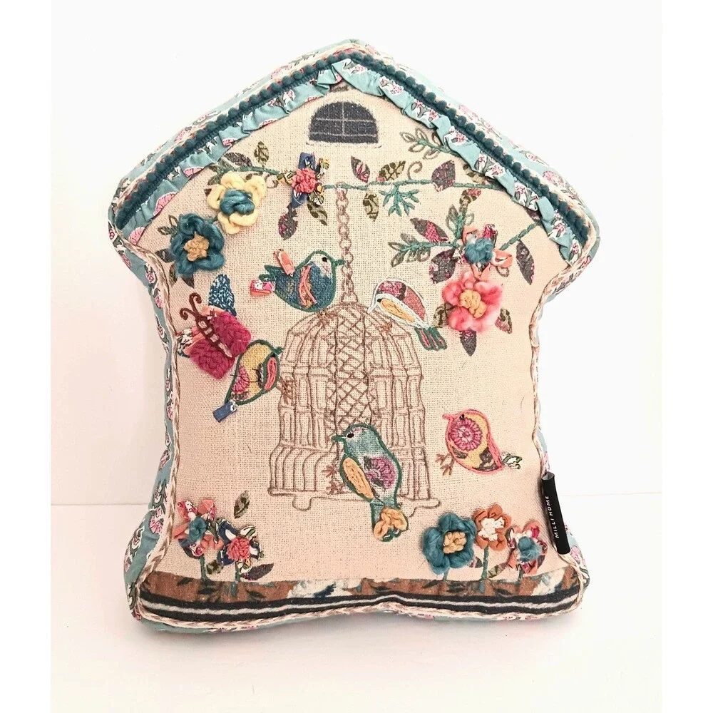 Milli Home Embroidered Birdhouse Accent Pillow Cottage Core Yarn Flowers Shaped